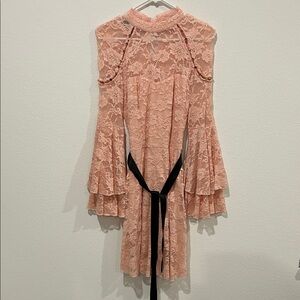 Bebe Elegant Blush Pink Lace Dress with Black Tie